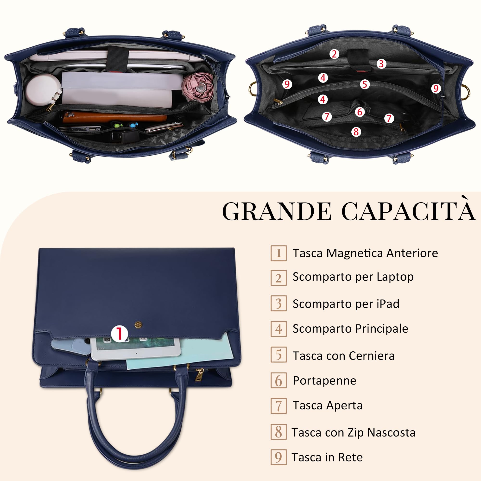 Borsa Tote Laptop Donna, Borsa Portatile 15,6 Pollici - Pelle PU Impermeabile Multifunzionale Trendy Texture per Ufficio Lavoro Affari Scuola Insegnanti Università Blu