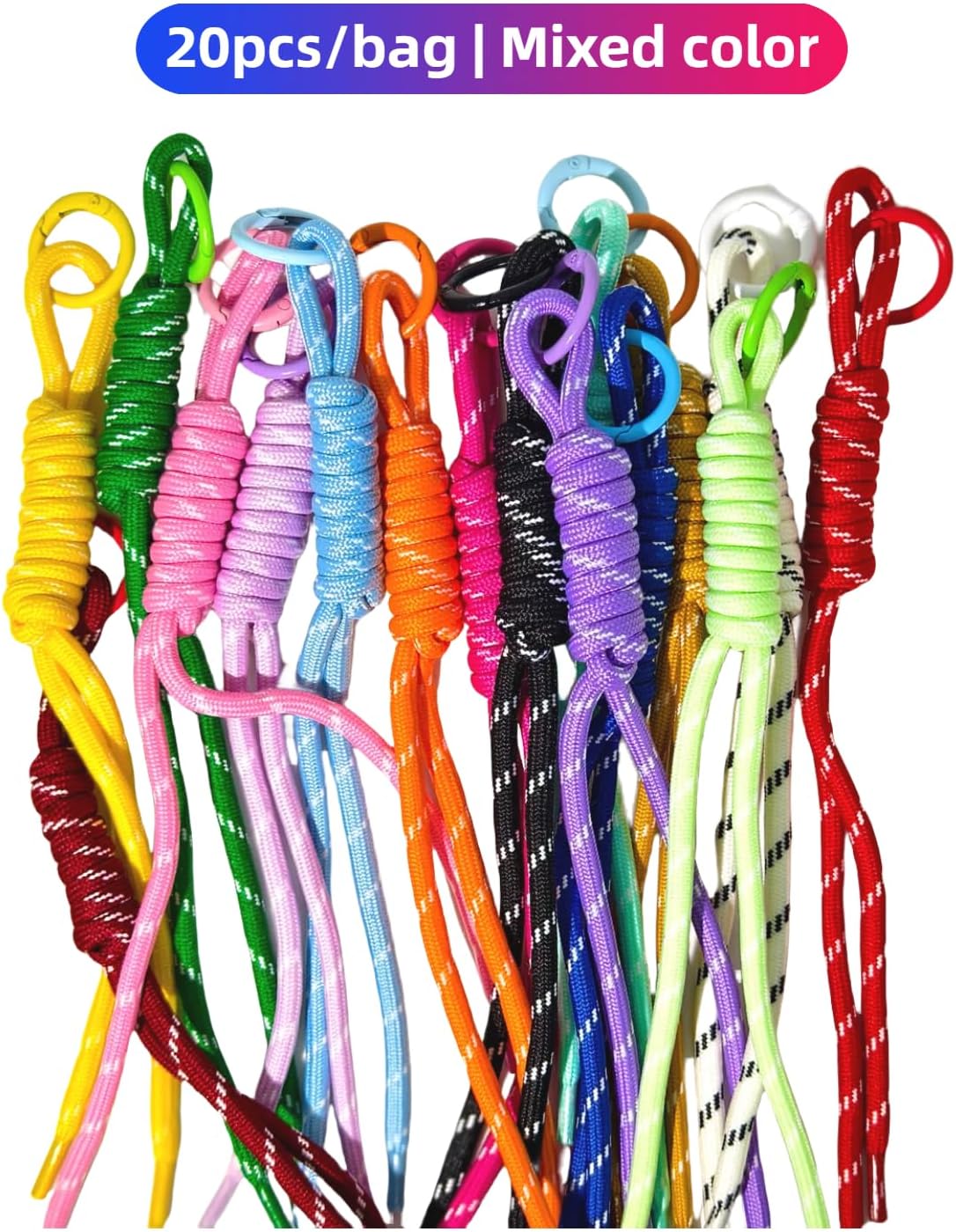 20pcs Handwoven Nylon Rope Keychain with Colorful Paracord,Womem Bead Letter Bag Charm Carabiner Knot Lanyard Keyring,for Handbag Friendship Gifts