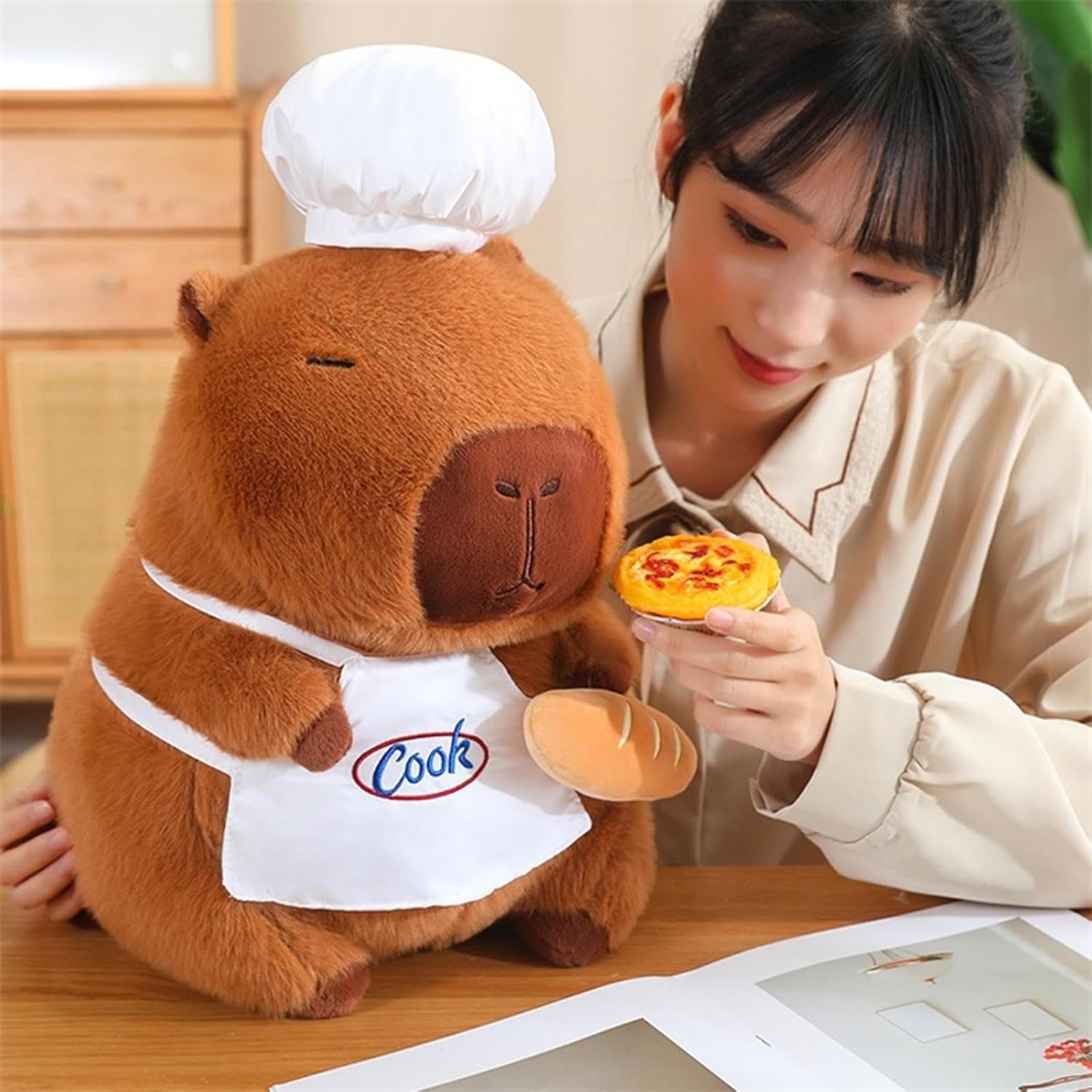 Capybara Plush with Cooking Chef Hat Baguette 9 inch Cute Bread Capibara Stuffed Animal Ultra Ultra Soft Plushies Toys Kawaii Gifts for Kids Brown