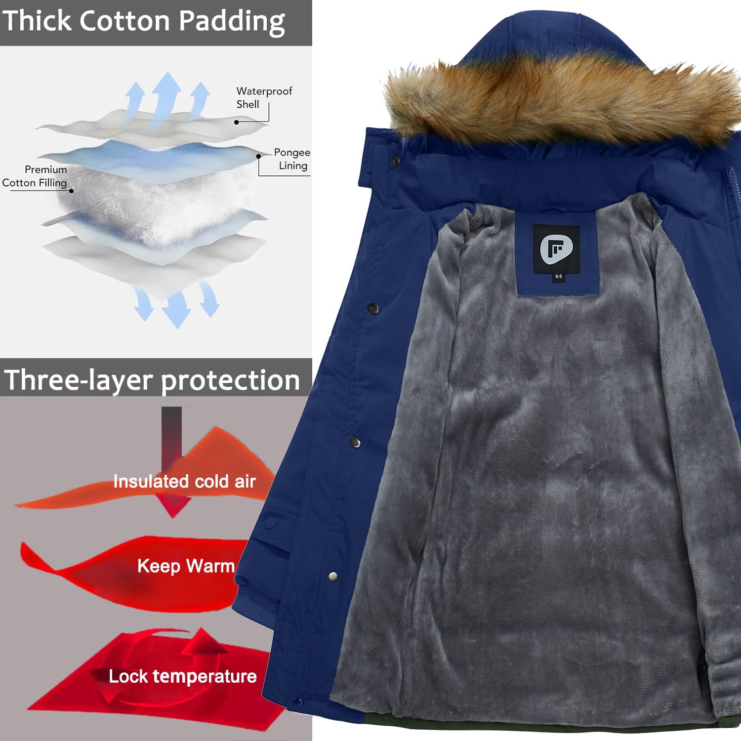 FARVALUE Boy Winter Coat Warm Quilted Puffer Water Resistant Parka Jacket with Detachable Fur Hood for Big Boys - Image 3