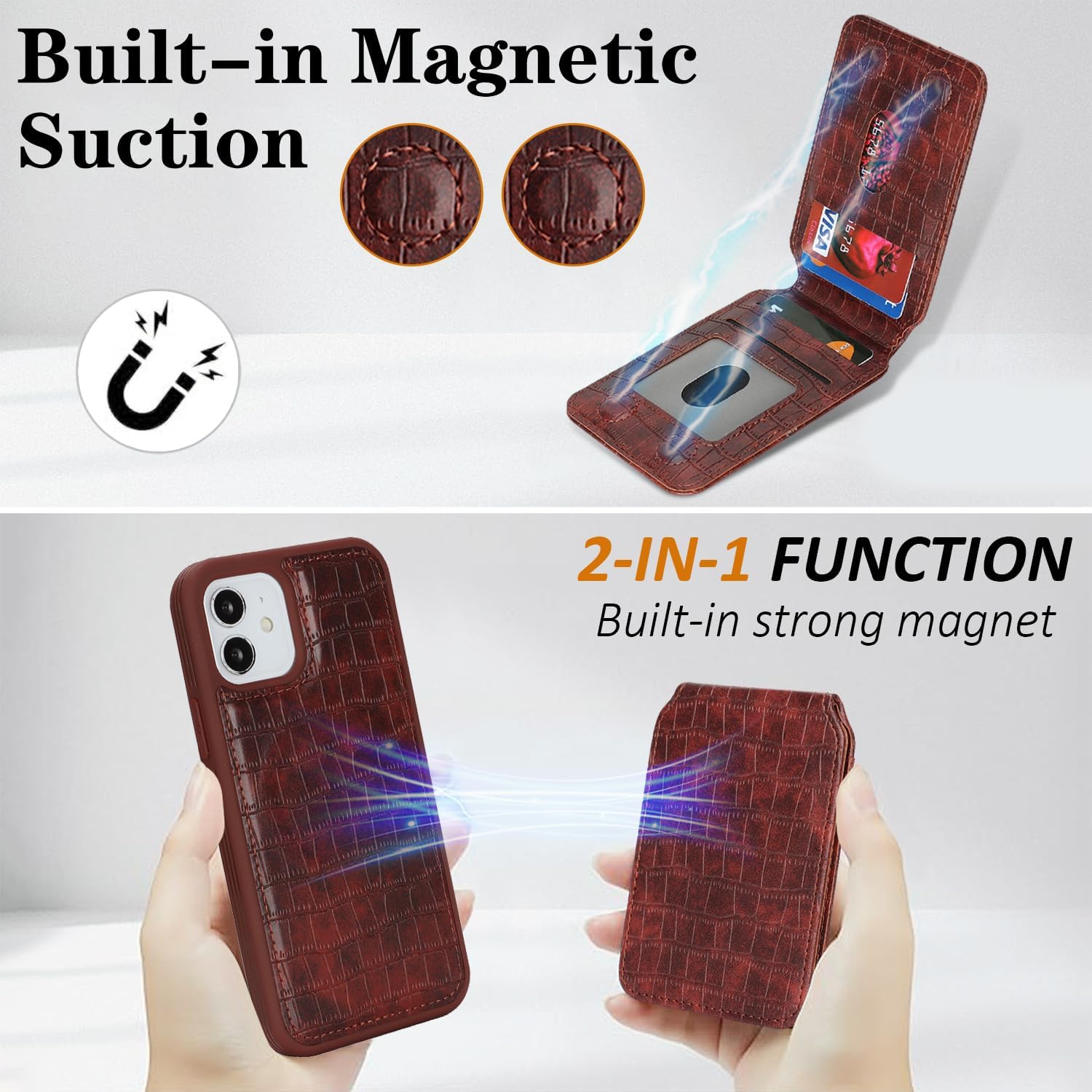 Ｈａｖａｙａ Magnetic Detachable Case for iPhone 12 & 12 Pro - Faux Crocodile Leather Cover Compatible MagSafe with Wallet, Adjustable Stand & 5 Card Slots - Espresso Brown