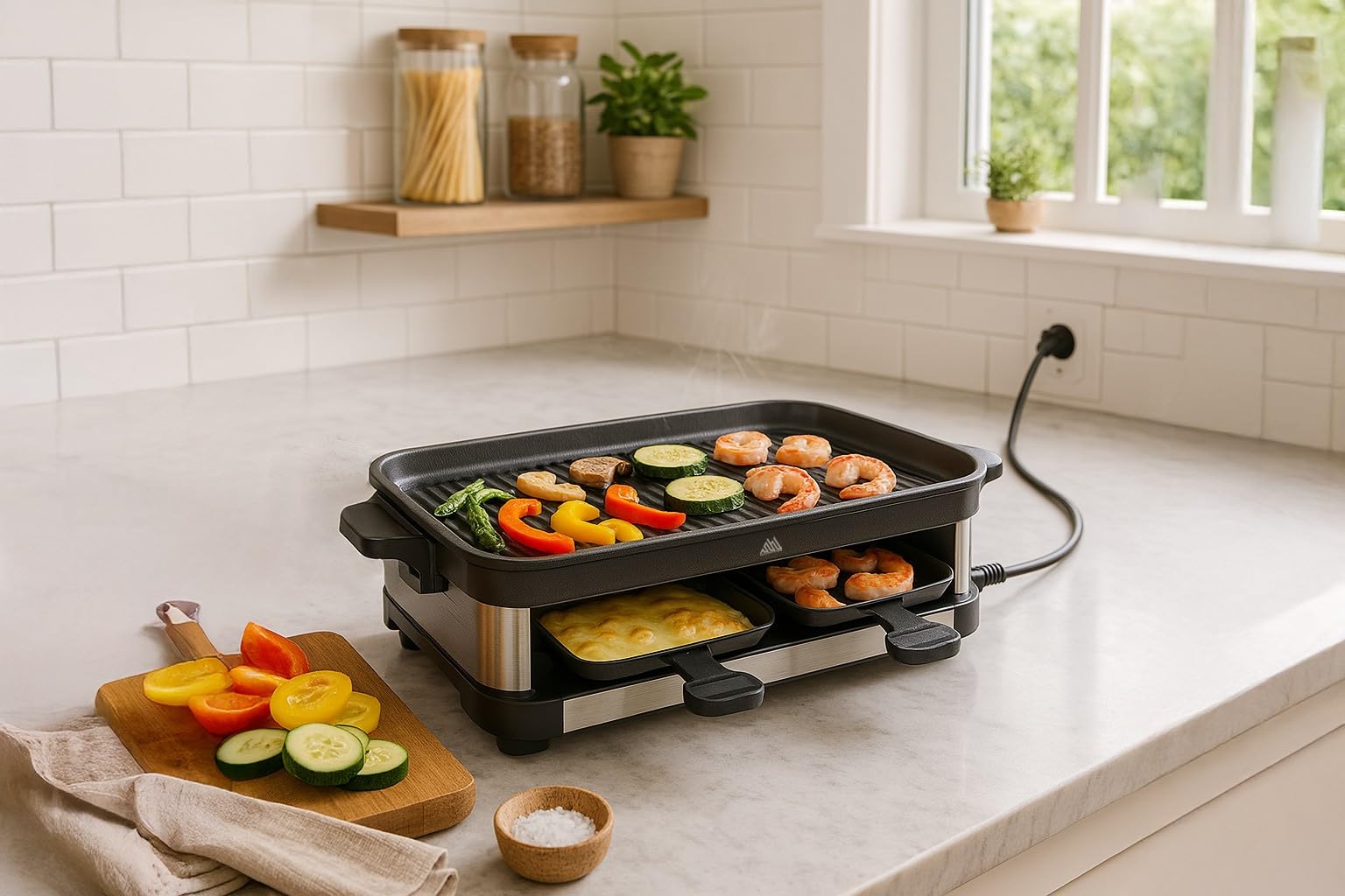 Maverstone Raclette Grill - Smokeless Indoor Electric Table Top Griddle with 1600W Fast Heating Dual-Zone Cooking - Stainless Steel - Easy Clean Nonstick Surface