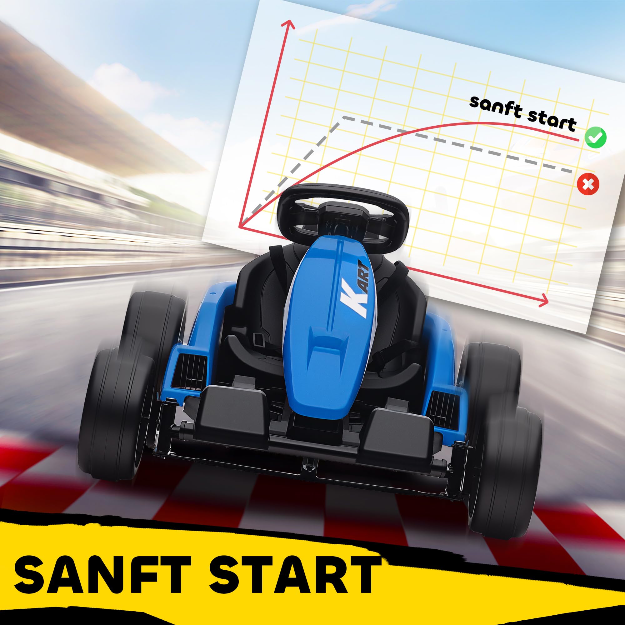 AIYAPLAY Kinder Elektro Gokart 24 V 6-18km/h Drift Kart mit 2 Motorn, Driftmodus, Verstellbarer Sitz, Go Kart mit MP3 Musik, USB-Anschluss, Sanft Start Kinderfahrzeug für 6-12 Jahre Blau