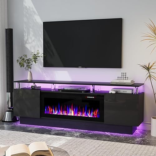 Miniatura 20 de Soporte de TV con chimenea de 36 pulgadas, soporte de TV negro de 70 pulgadas para sala de estar, moderno soporte de TV con chimenea eléctrica con