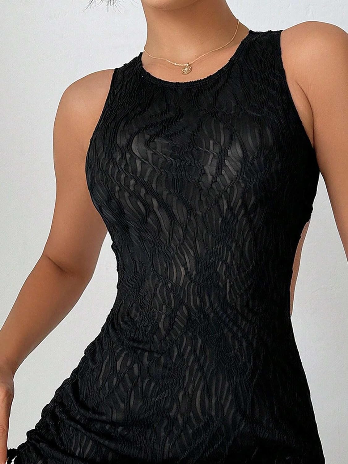 swimsuit coverup for women Round Neck Sleeveless Wide Strap Black Dress,Summer Beach