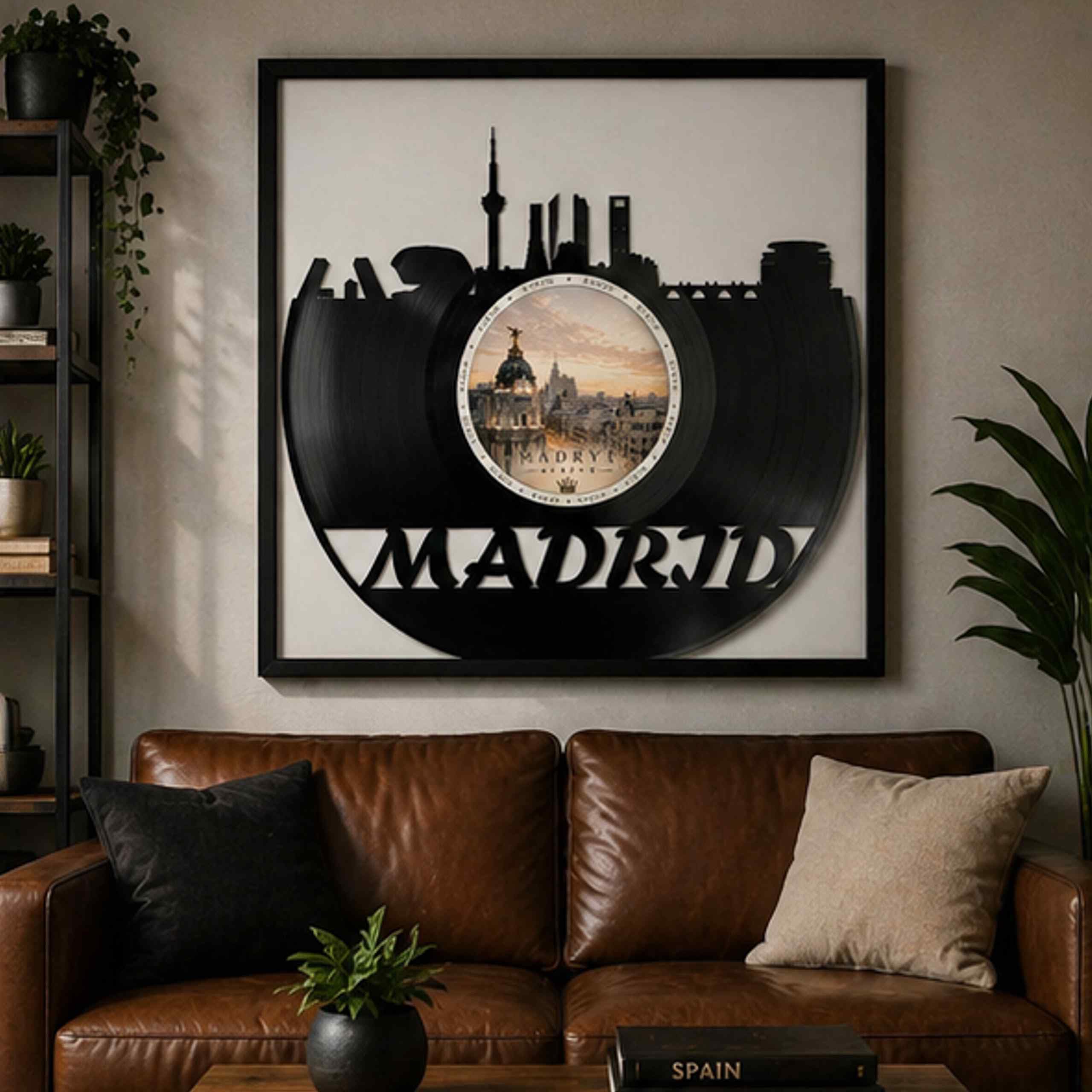 EVEVO Dekoracja ścienna z płyty gramofonowej w ramie 32 x 32 cm Madryt - winylowa sztuka ścienna Hiszpania, prezent dla fanów Madrytu i podróżników