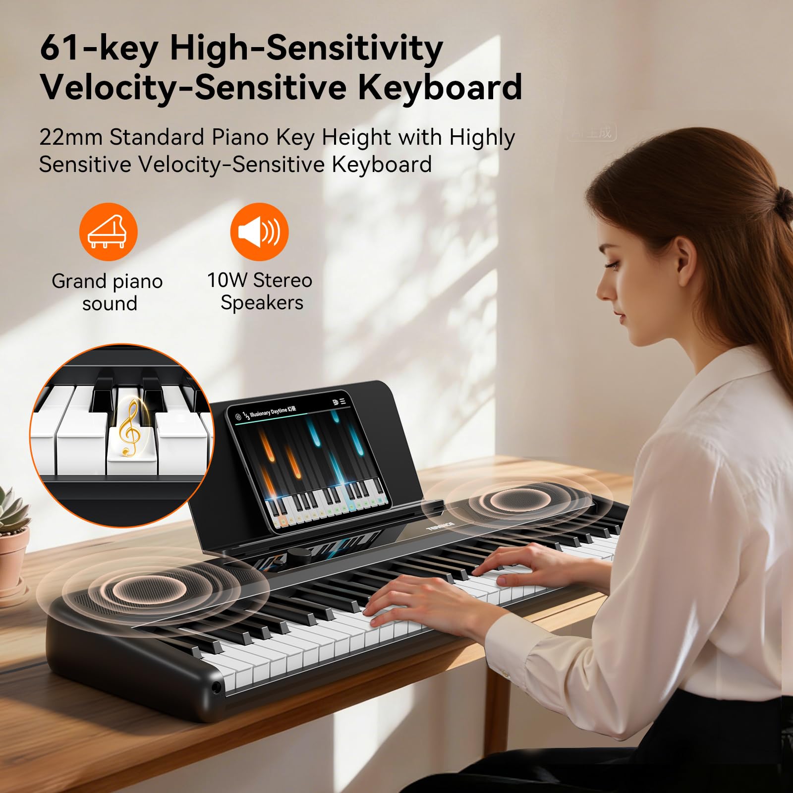 TERENCE Keyboard Piano 61 Tasten Klavier mit Ständer – Tragbares E-Piano für Kinder & Erwachsene 10W Lautsprecher Touch Response 128 Klänge Metronom & Aufnahmefunktion