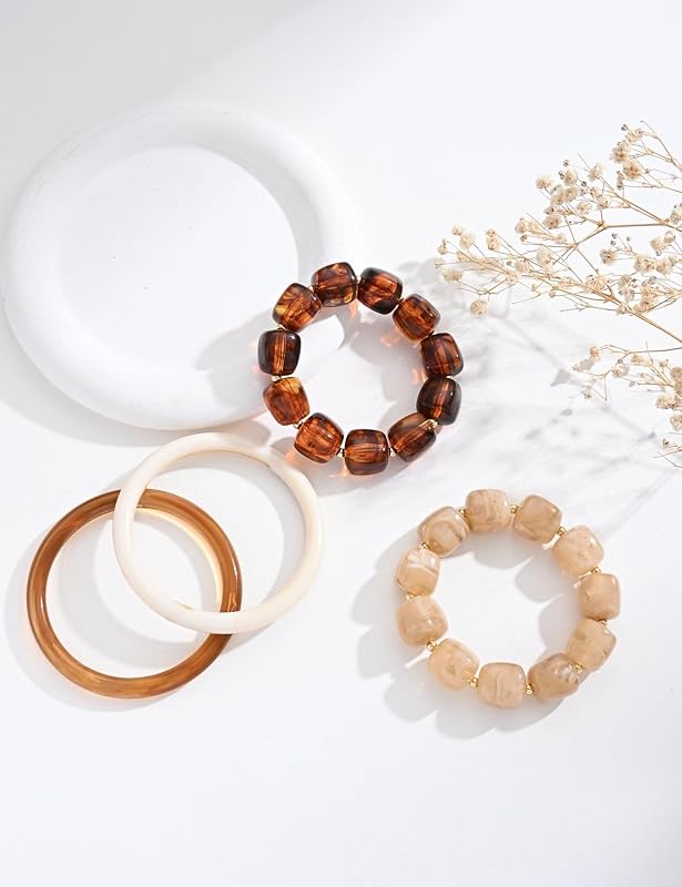 FAXHION Stackable Stretch Beaded Bracelet Set Tan – Designed for women