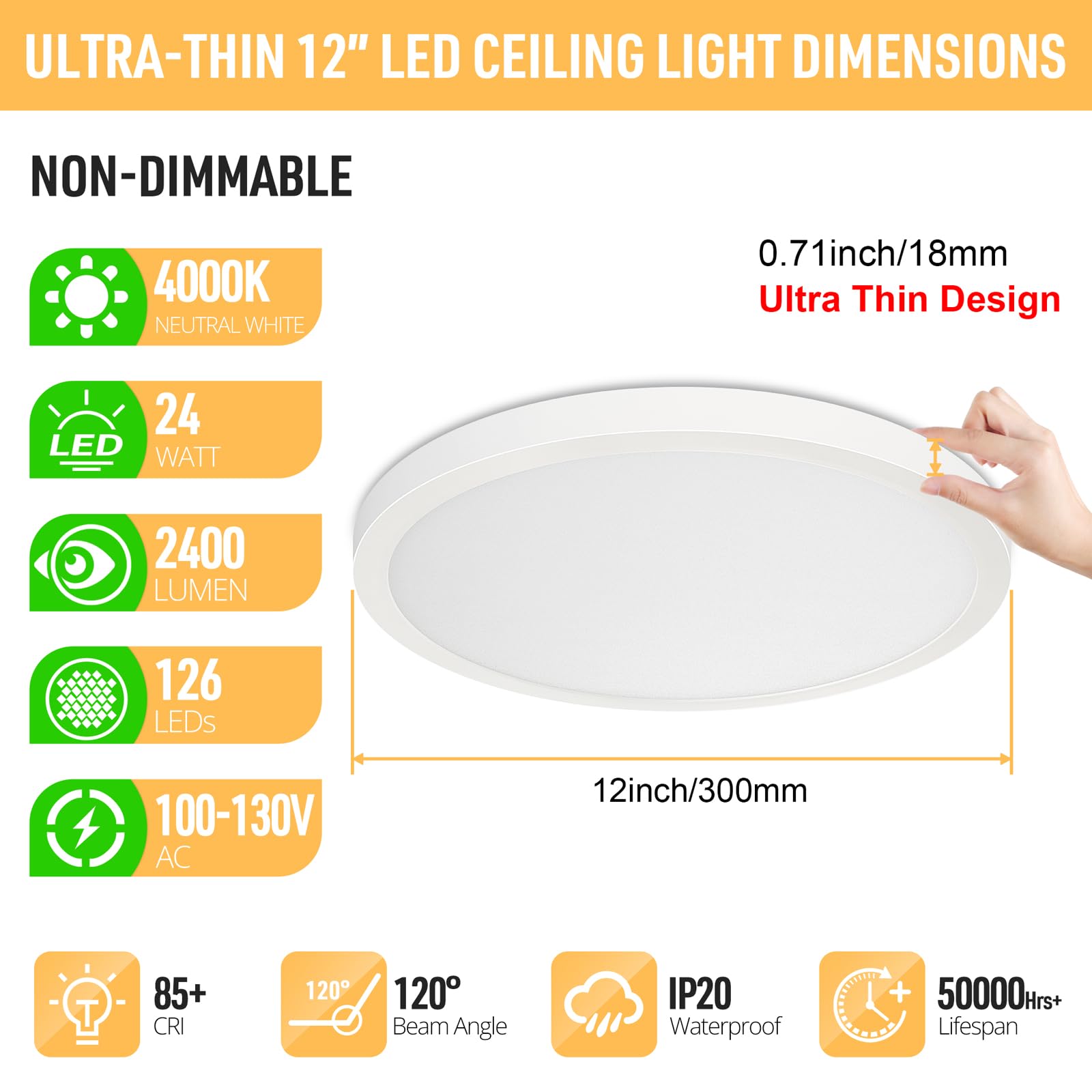 LED Flush Mount Ceiling Light Fixture, 4000K Neutral White, 2400LM, 12 Inch 24W Round Flat Ceiling Lights, 240W Equivalent White Modern Panel Lamp for Bathroom Hallway Kitchen Basement, Non-Dimmable