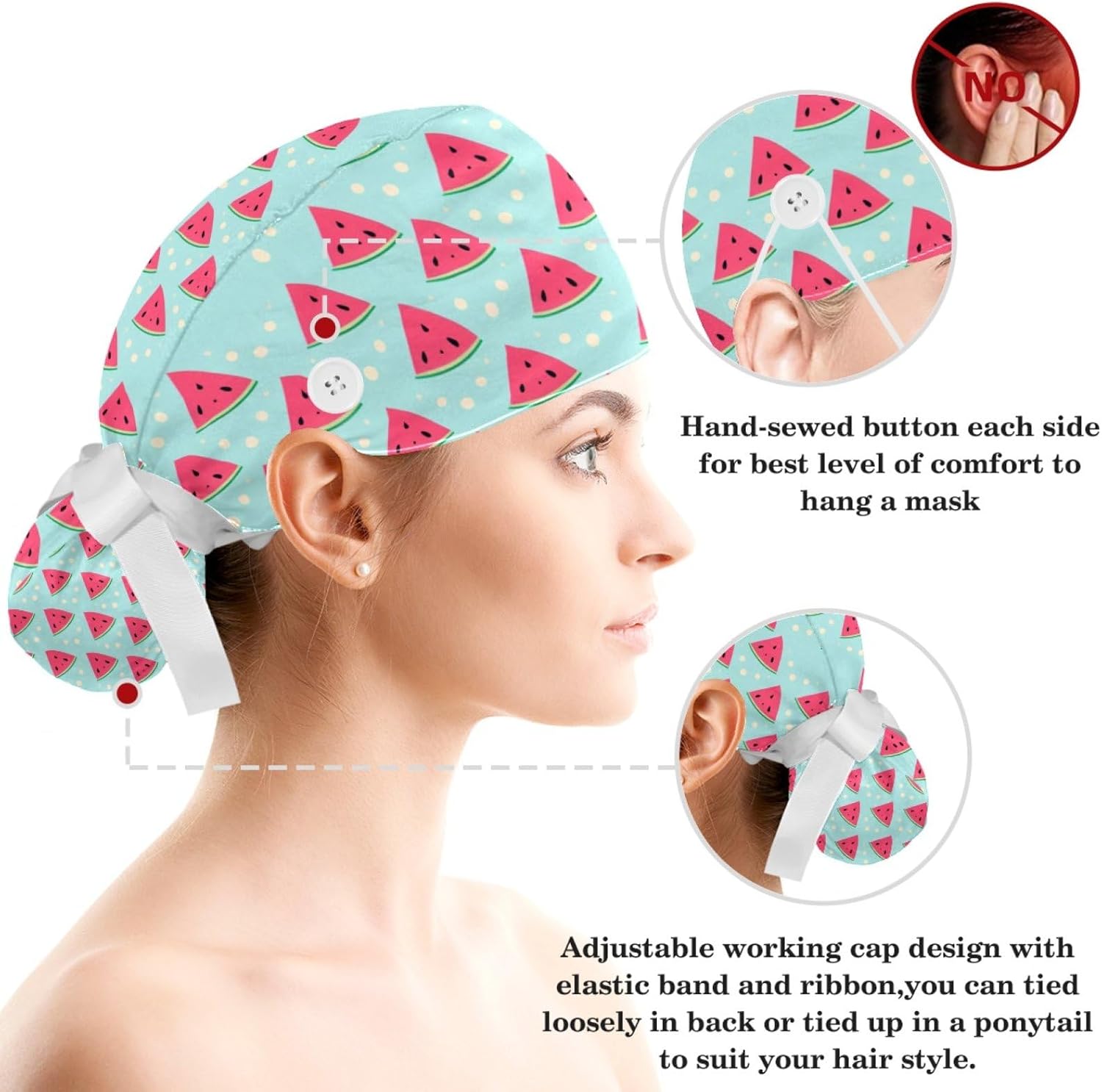 Scrub Caps Women Nursing Hats Peach Fruits with Buttons Ponytail Working Adjustable Pouch Tie Back - Image 3