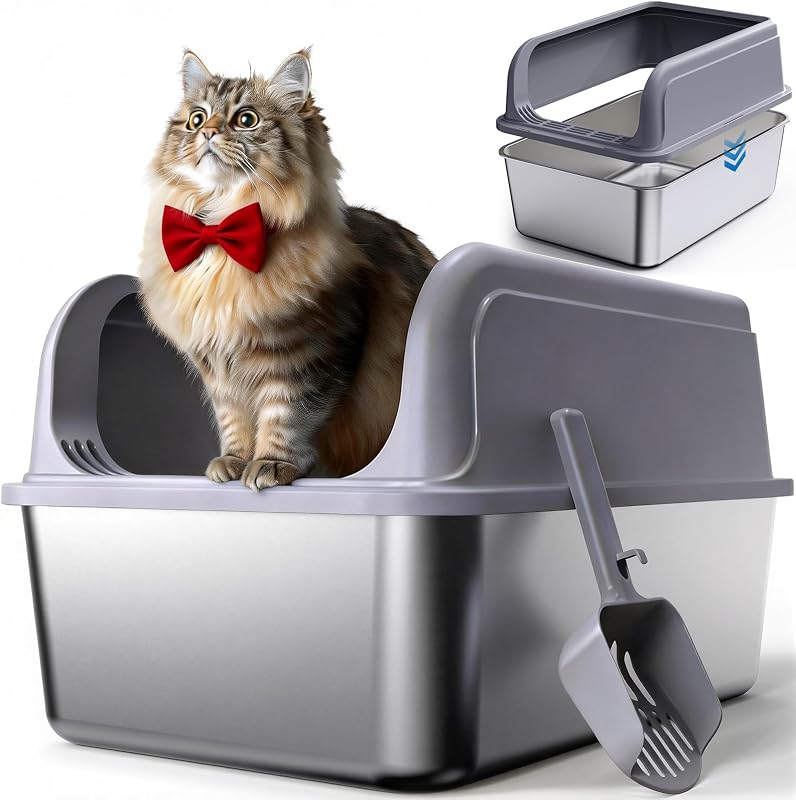 Stainless Steel Cat Litter Box, High-Sided, Grey, M (1 Pack) | Metal Litter Box with Scoop, Anti-Leakage Top Entry, Non-Sticky, Easy to Clean, 6-Inch Splash-Proof Deep Pan