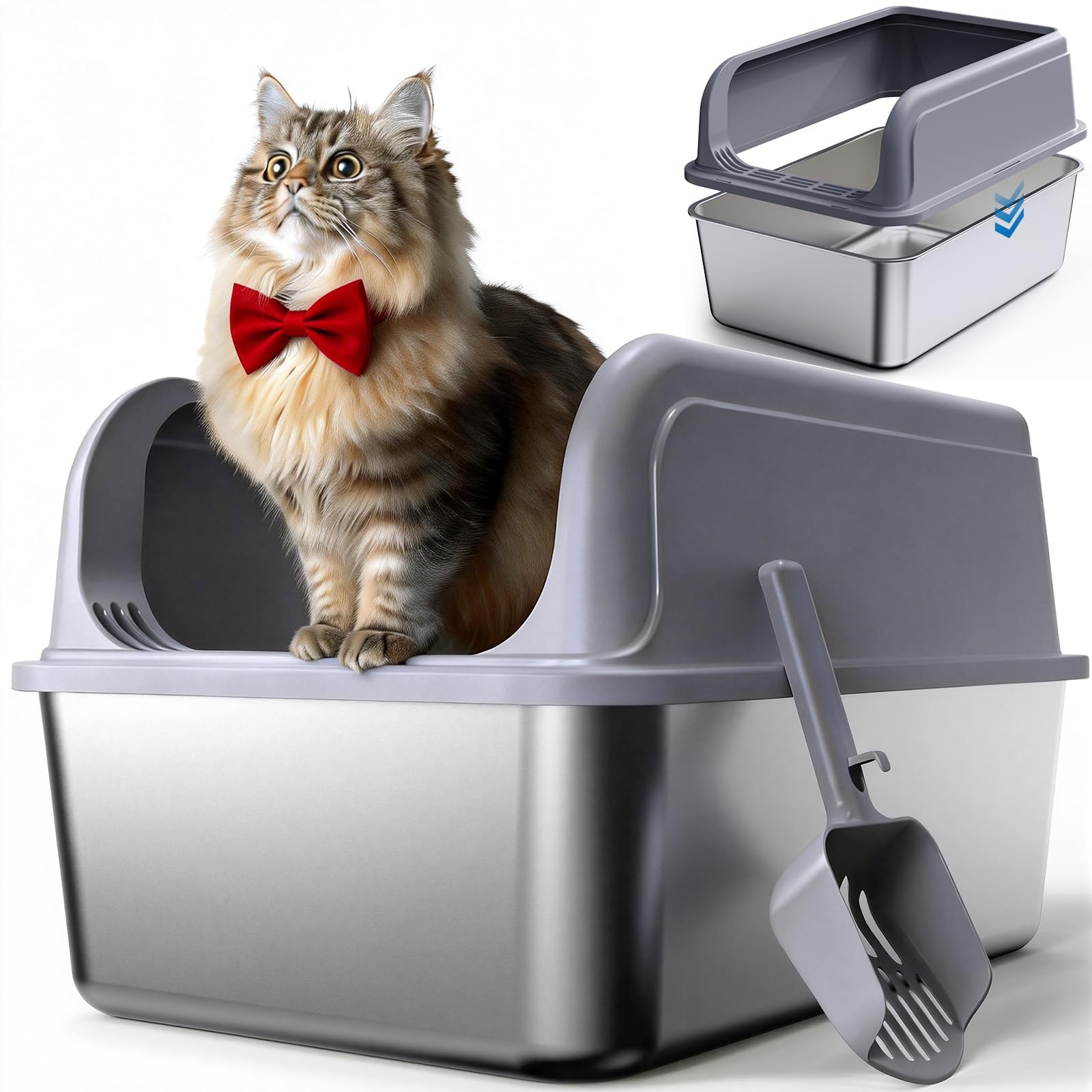 Powools Stainless Steel Cat Litter Box, Metal Litter Box with Scoop, High- Sided, Anti-Leakage Top Entry, Non-Sticky, Easy to Clean, Grey, M (1 Pack)
