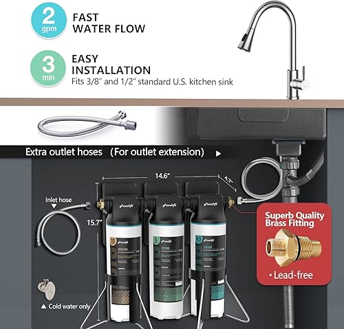 Miniatura 3 de Frizzlife Sistema de filtro de agua para debajo del fregadero TW10, elementos certificados NSFANSI 53 y 42, reduce el 99.99% de plomo, cloro,