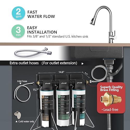 Miniatura 3 de Frizzlife Sistema de filtro de agua para debajo del fregadero TW10, elementos certificados NSFANSI 53 y 42, reduce el 99.99% de plomo, cloro,
