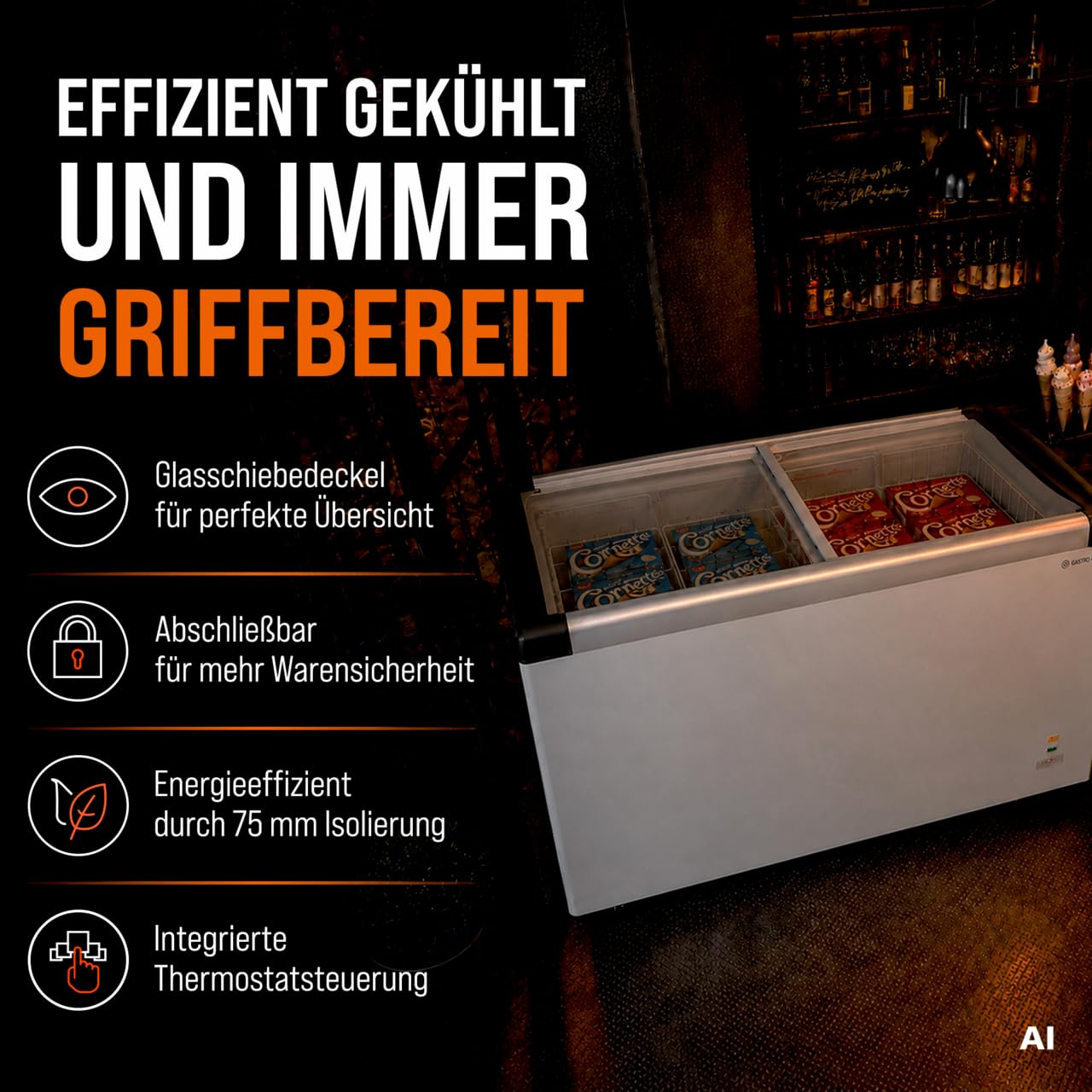 GastroHero Congélateur ECO 450 avec couvercle coulissant en verre | Fournitures de la restauration