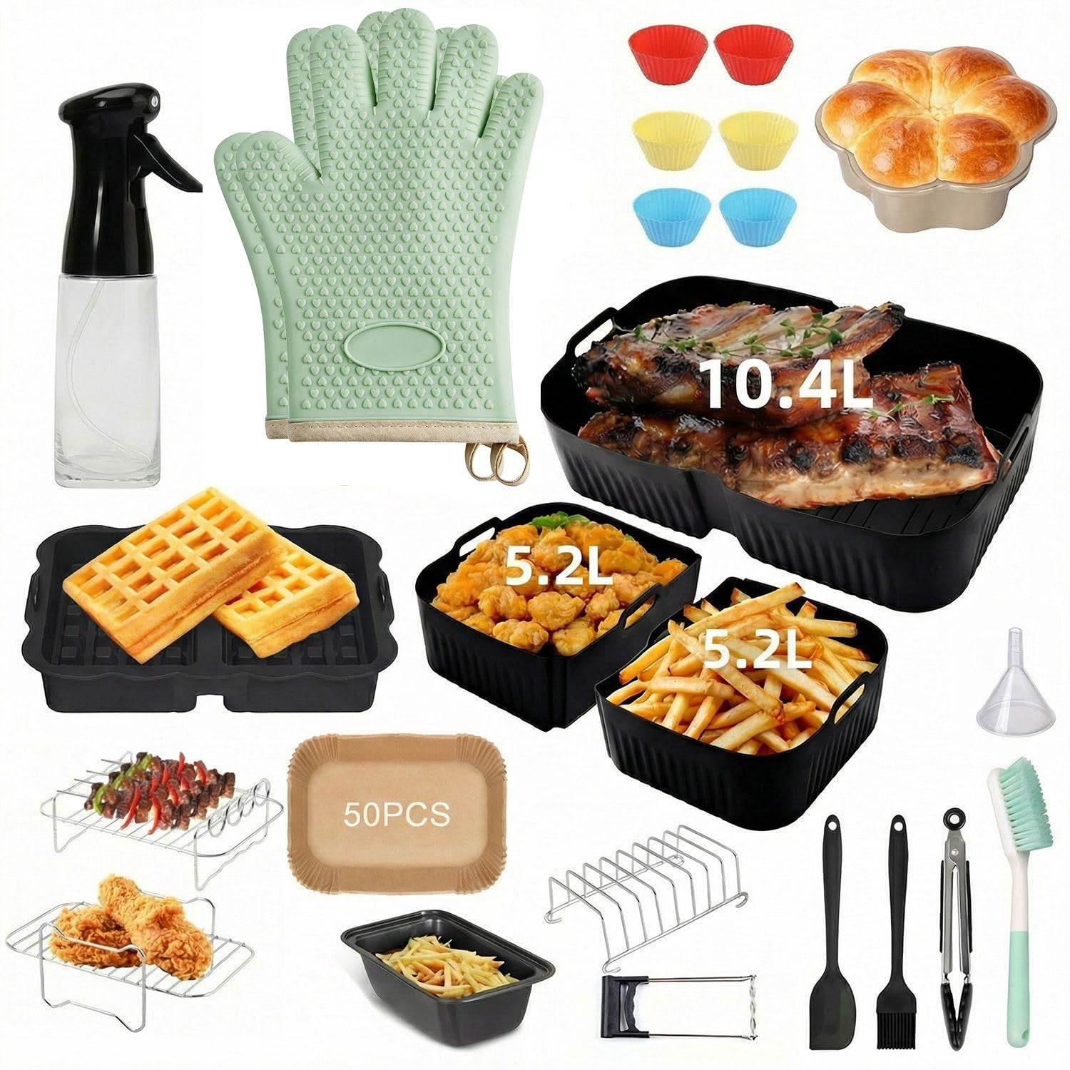 29 Piezas Set de Moldes de Silicona Reutilizables para Freidora de Aire - Accesorios Compatibles con Foodi 10.4L (AF500EU) y Cosori 10L, Bandejas Rectangulares para Hornear y Grillar