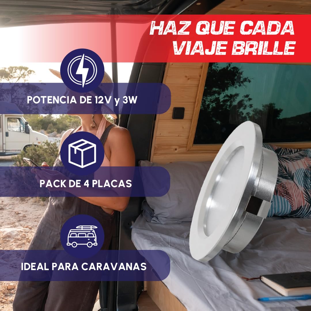 Valdi Led Pack 4 Placas Led A 12v 3w 4000k -marco blanco Autocaravana, Ojos De Buey Led Para Techo, Foco Led Interior, Led Techo, Panel Led, Ideal Para Camper Y Caravana