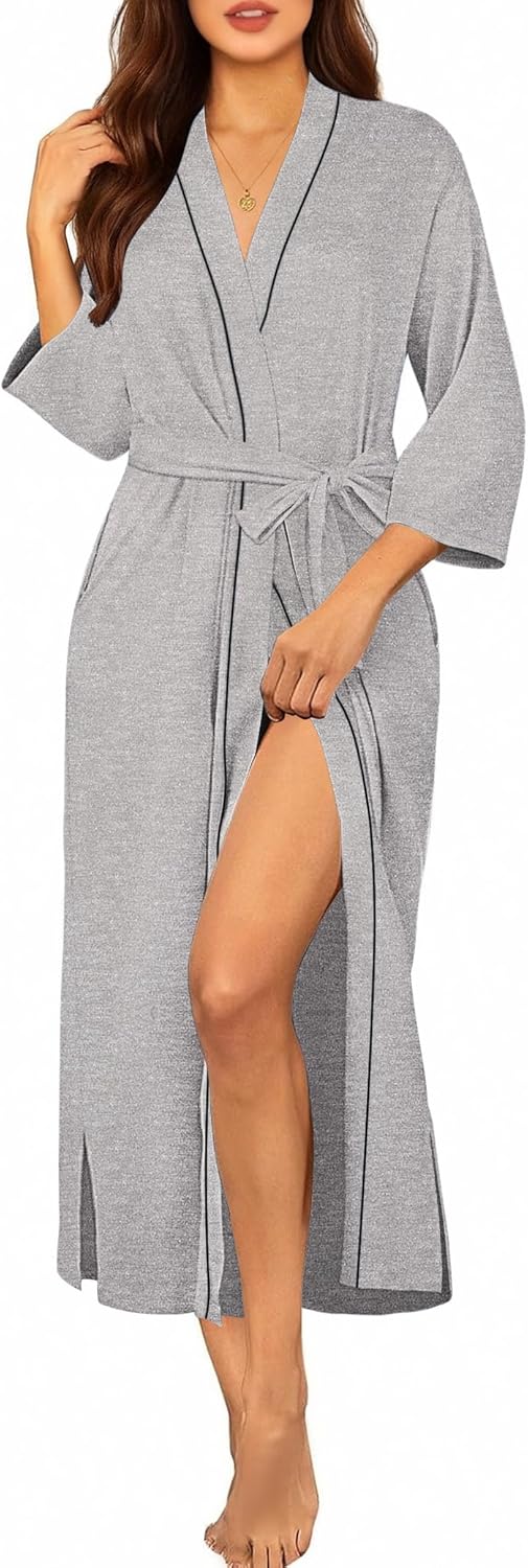 Ekouaer Robes for Women Long Knit Bathrobe Lightweight 3/4 Sleeves Kimono Robe Soft Sleepwear with Pockets S-XXL