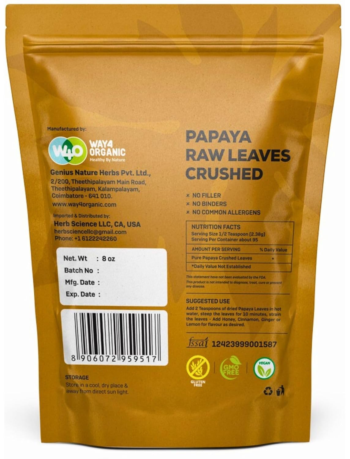 Papaya Leaf Tea 8 Oz, Dried from Fresh Green Leaves, Good to make Tea, 100% Loose Leaves(No Fruit, No Seeds) - Way4Organic (3 Pack(24 Oz))