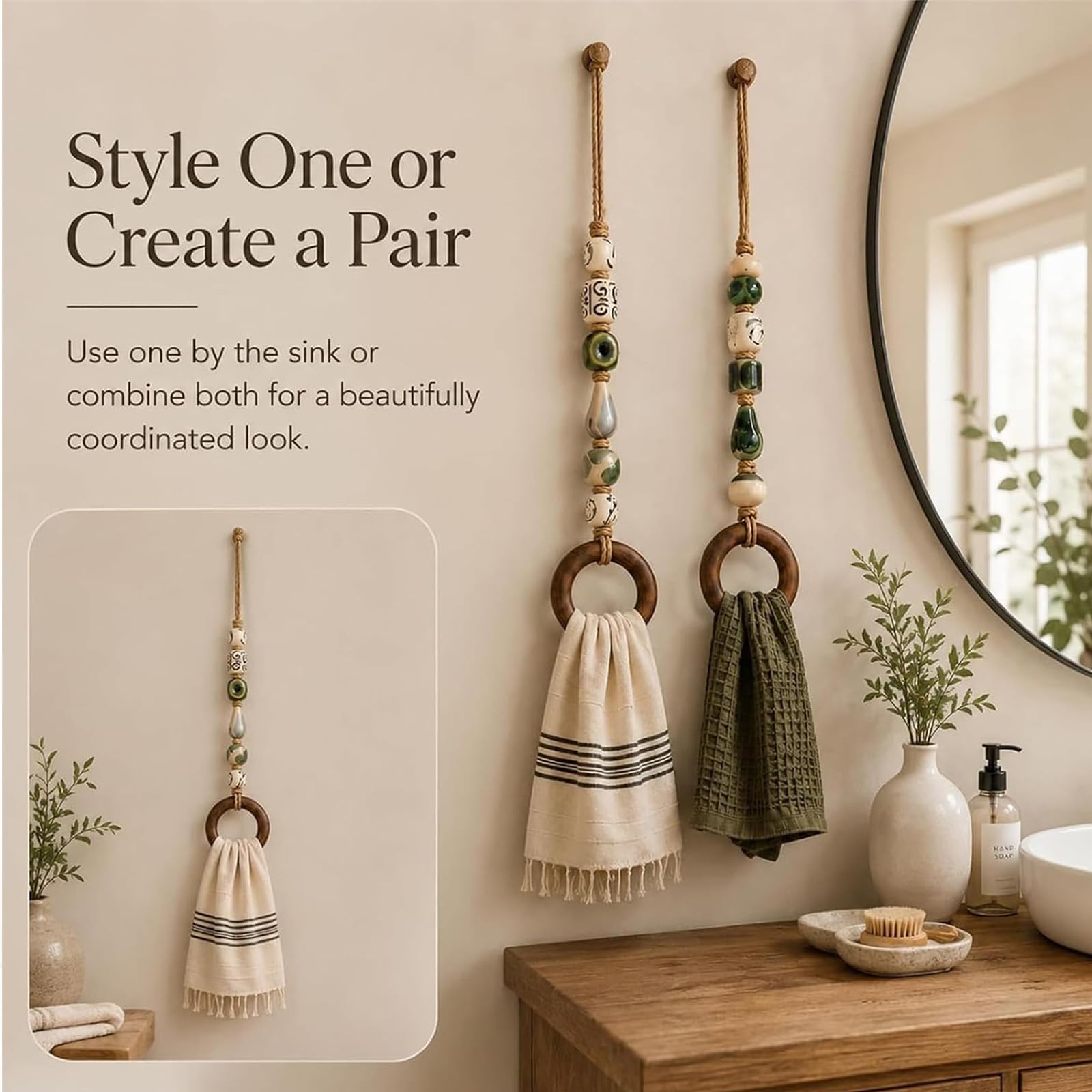 Porta-asciugamani decorativo con perline e anello in legno,stile boho (mix)