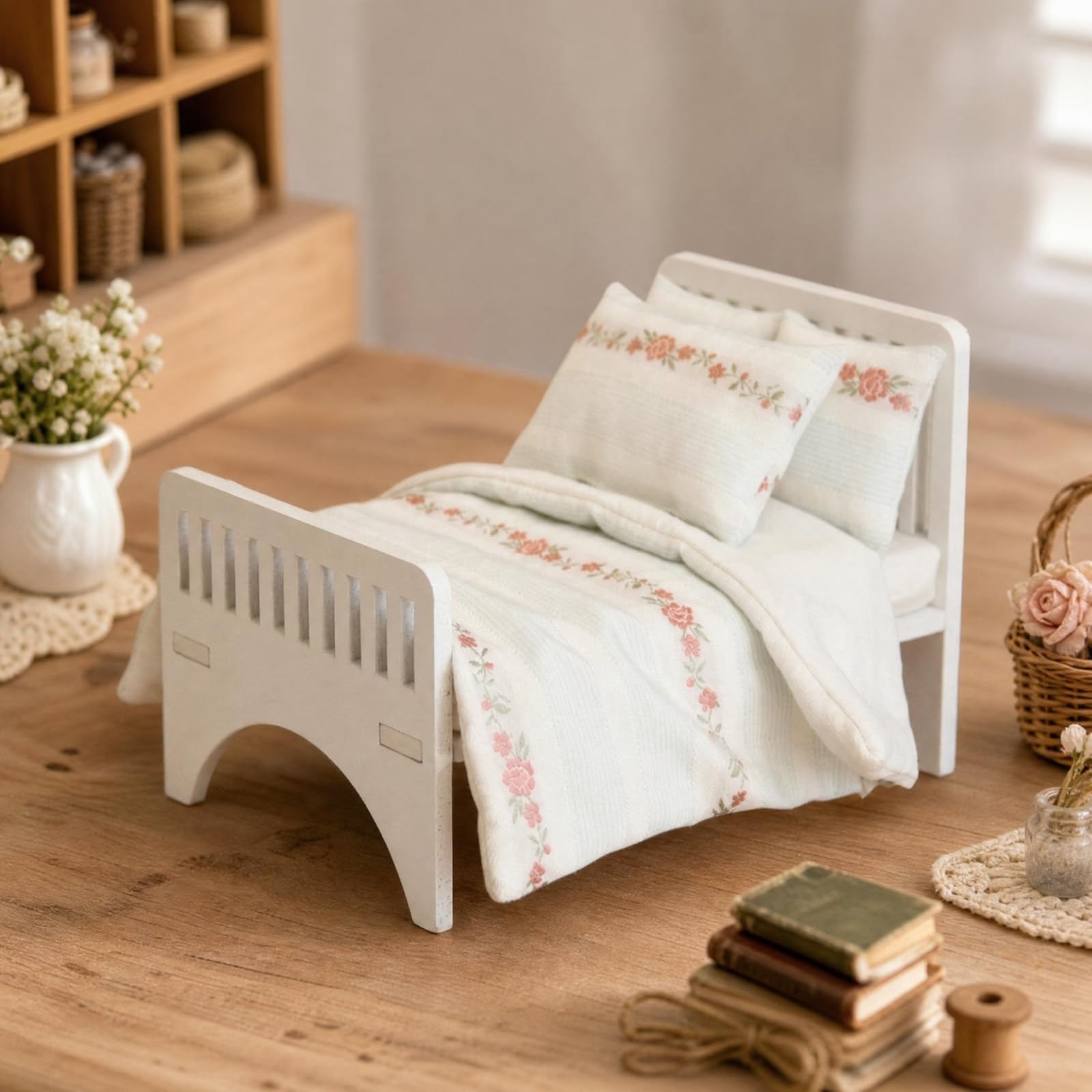 Letto in Legno per Casa Delle Bambole | Elegante, Sicuro, Letto per Bambole con Materassi e Cuscini, Diorama, Bambini, Collezionisti,