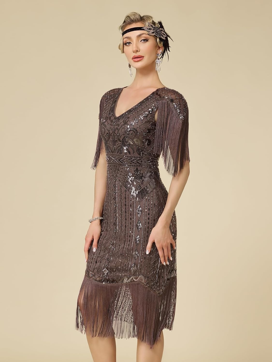 Women's Flapper Dresses 1920s V Neck Beaded Fringed Great Gatsby Dress