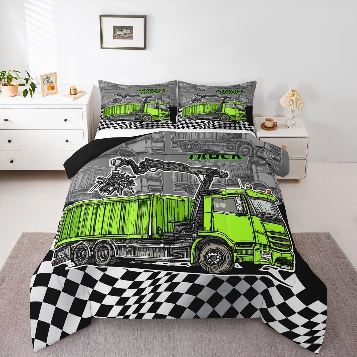 Garbage Truck Kids Comforter Set Queen Size,Green Rubbish Car Bedding Set,Girls Boys Adults Room Decor,Geometric Checkerboard Patchwork Down Comforter,Black White Chic Duvet Insert,2 Pillowcases