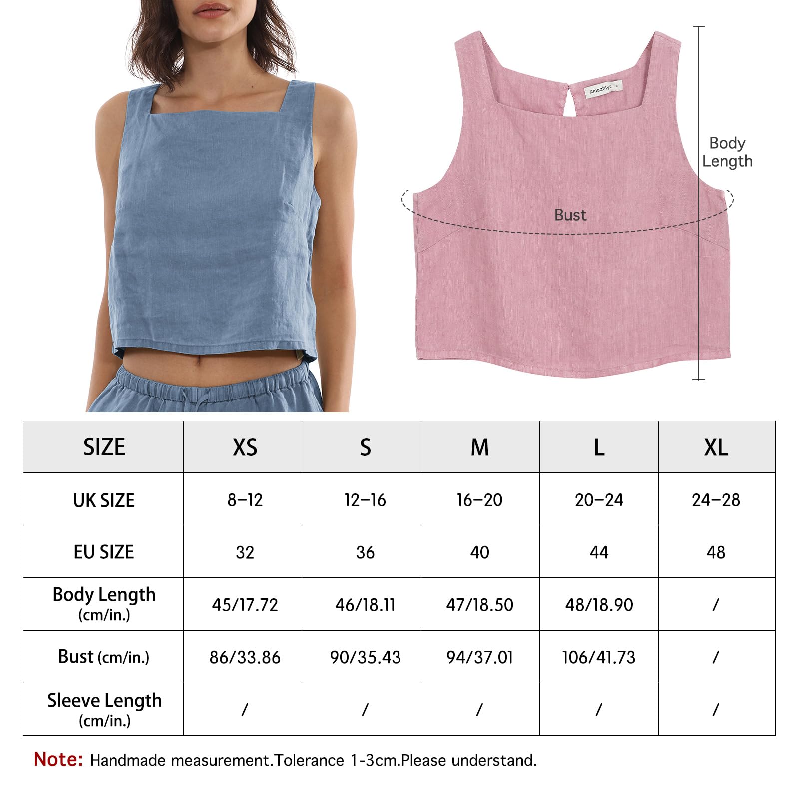 Amazhiyu Top da donna in 100% lino, casual, estivo, senza maniche, scollo quadrato, camicetta tinta a pianta per UK S-XL