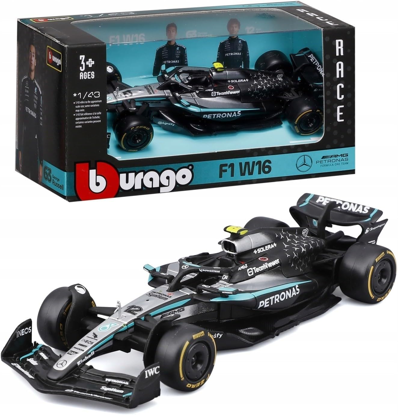 Bburago F1 Mercedes-AMG W16 2025#12 Antonelli 1:43 Scale Diecast Car with Authentic Details Mercedes F1 Replica Silver/Black Body Officially Licensed Product Recommended Age 3+