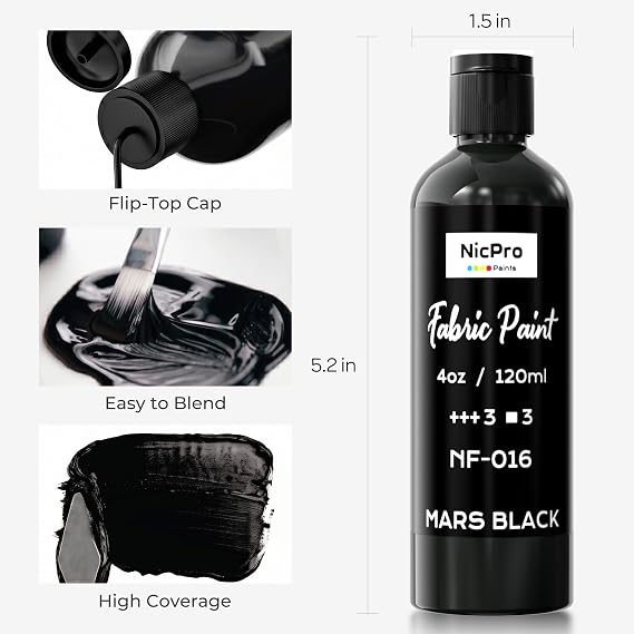 Nicpro Black Fabric Paint, 4 oz (120 ml) Fabric Paint for Clothes Permanent | Rich Pigment Non-Toxic Soft Clothing Paint for DIY T-shirts Jeans Crafts, Refresh Furniture Upholstery