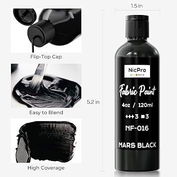 Nicpro Black Fabric Paint, 4 oz (120 ml) Fabric Paint for Clothes Permanent | Rich Pigment Non-Toxic Soft Clothing Paint for DIY T-shirts Jeans Crafts, Refresh Furniture Upholstery