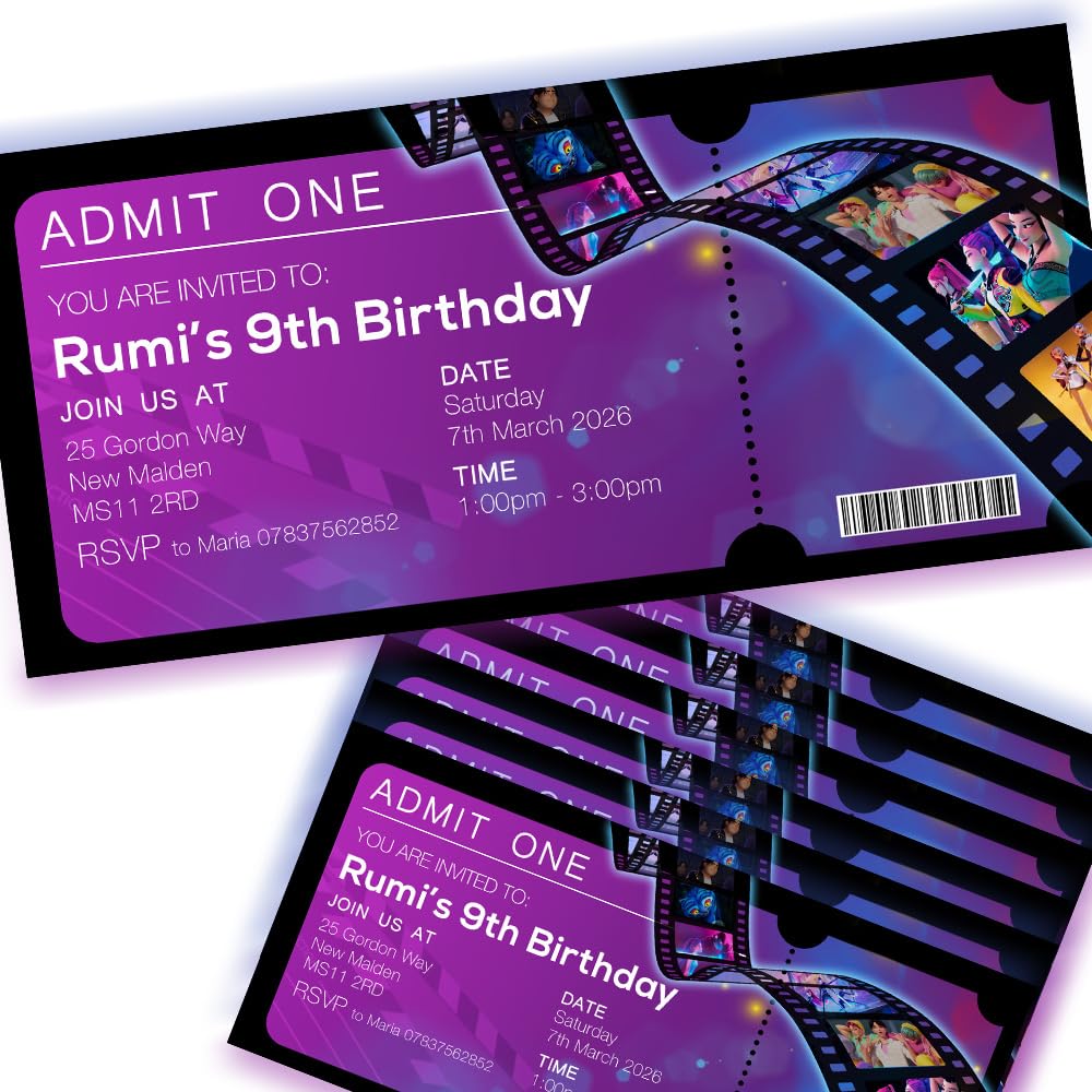 Kids Pop Personalised Ticket Movie Themed Invites Birthday Invitations & Envelopes