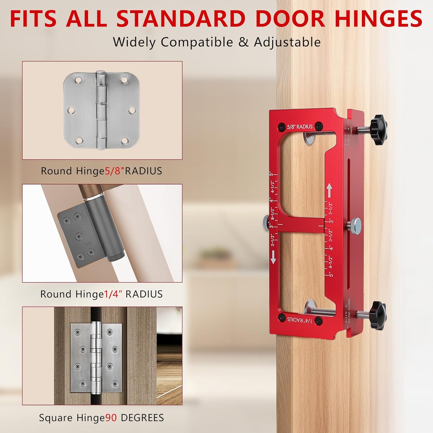 Premium Door Hinge Routing Jig, Adjustable Aluminum Alloy Mortise Template Kit for Doors, Fits 2½″-5″ Length, Supports ¼″ Radius, ⅝″ Radius & Square Corner Hinges