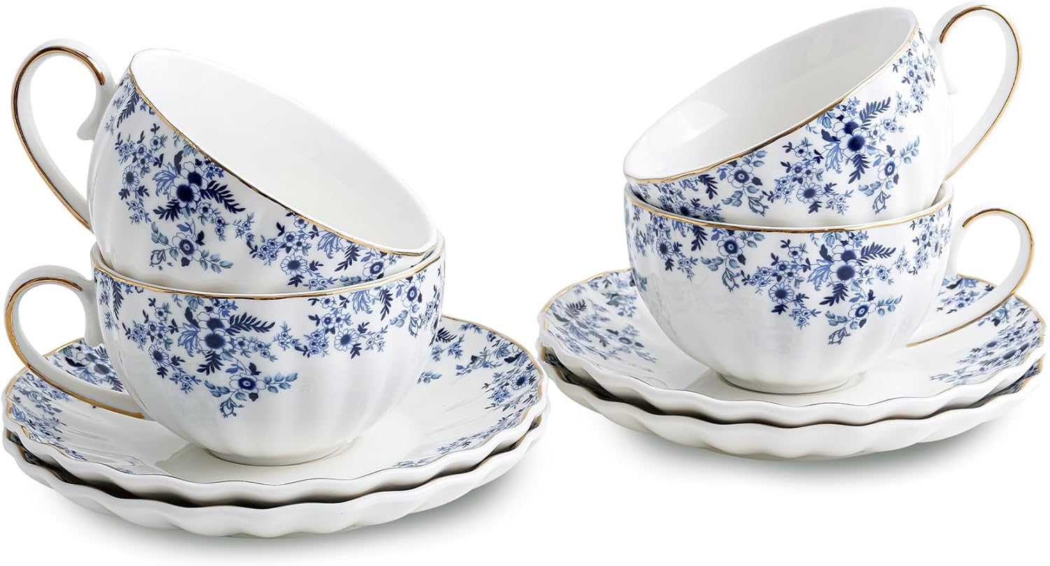 ceramic tea cups and saucers 6oz,floral tea cups for Coffee, Latte, Cafe Mocha and Tea (Little Blue Flowers)