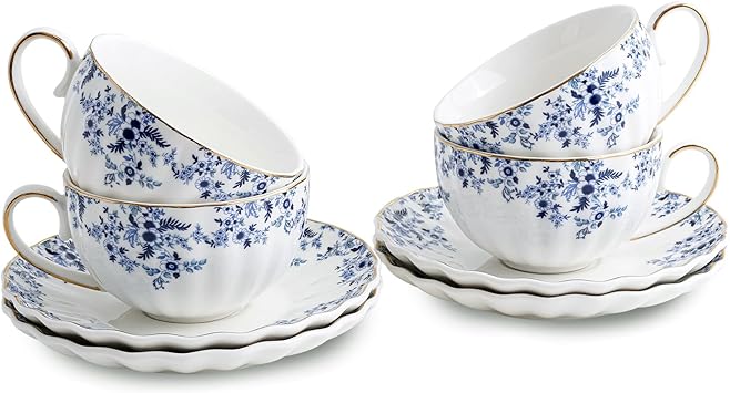 Agyiuns ceramic tea cups and saucers 6oz,floral tea cups for Coffee, Latte, Cafe Mocha and Tea Little Blue Flowers
