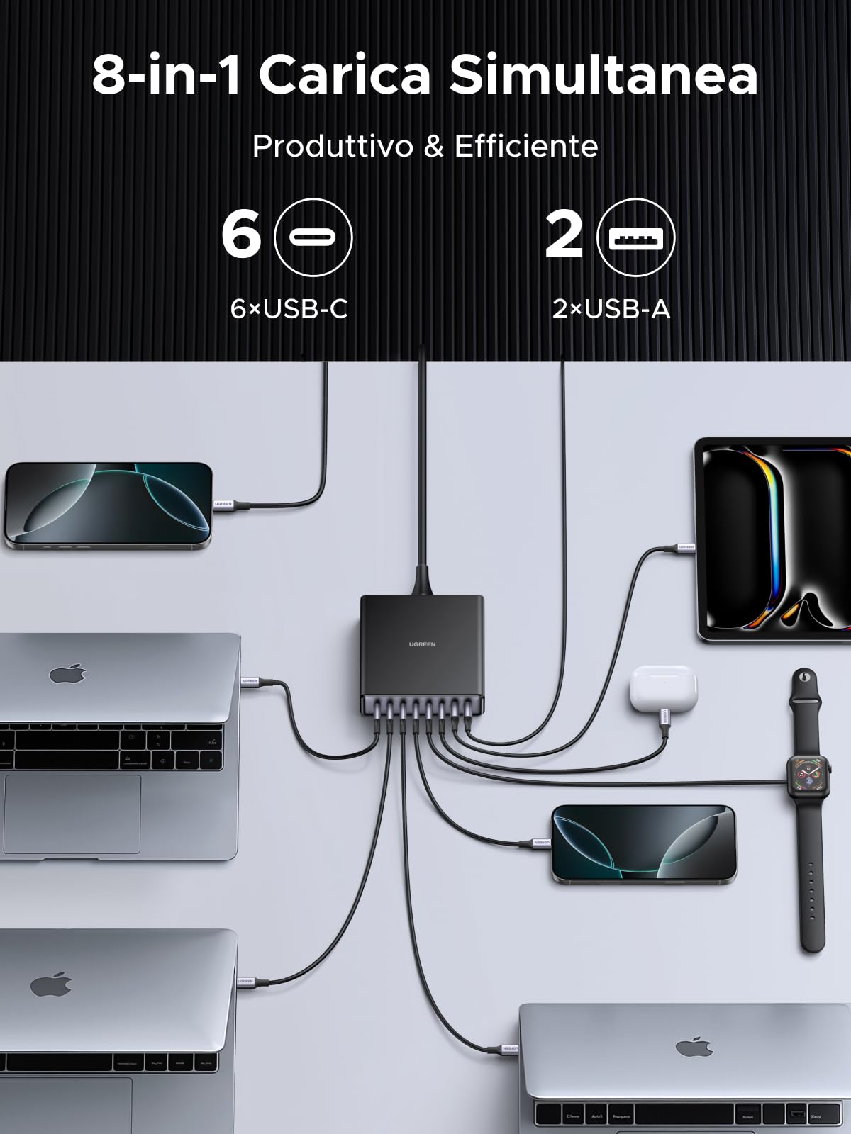 UGREEN Zapix 200W Caricatore USB C Multiplo Stazione di Ricarica GaN | 8 Puerto 100W PD 3.1 PPS 45W Alimentatore Compatible con MacBook Pro Air iPhone 17 Pro Max Air 16 Galaxy S26
