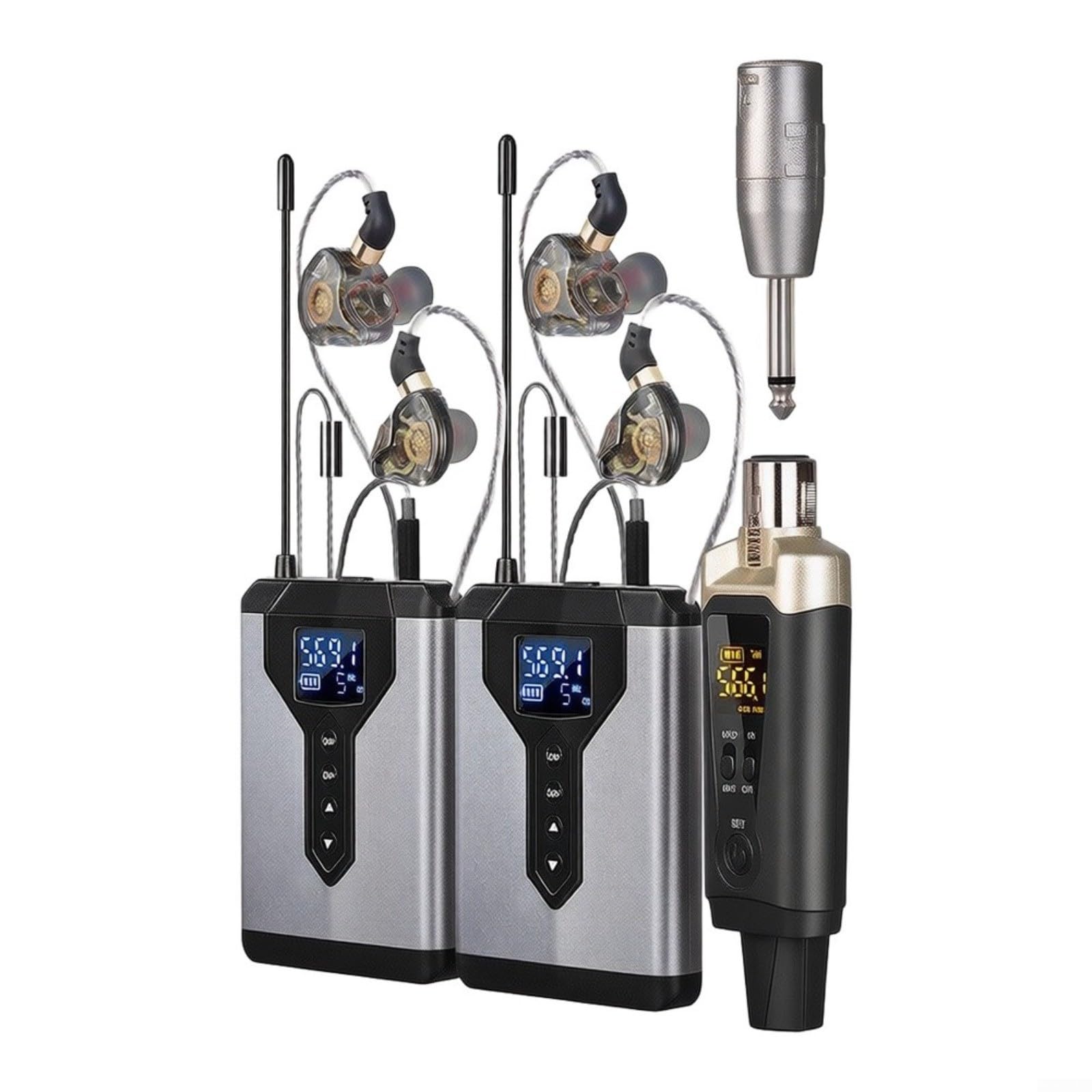 Wireless In Ear Monitoring, 1 Sender 2 Empfänger Audio Monitor mit Aluminium Gehäuse für Musiker Bühne Probe Live Auftritt(1-to-2)