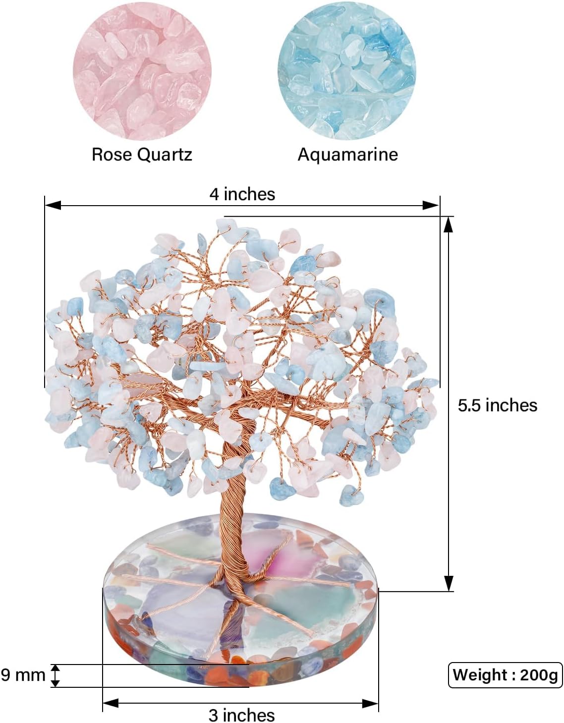 ZenBless 7 Chakra Healing Crystals Stones Tree, Pink Crystal Aquamarine Leaf Wire Wrapped on Agate Slice Base, Home Office Desk Living Room Feng Shui Decoration for Wealth and Luck