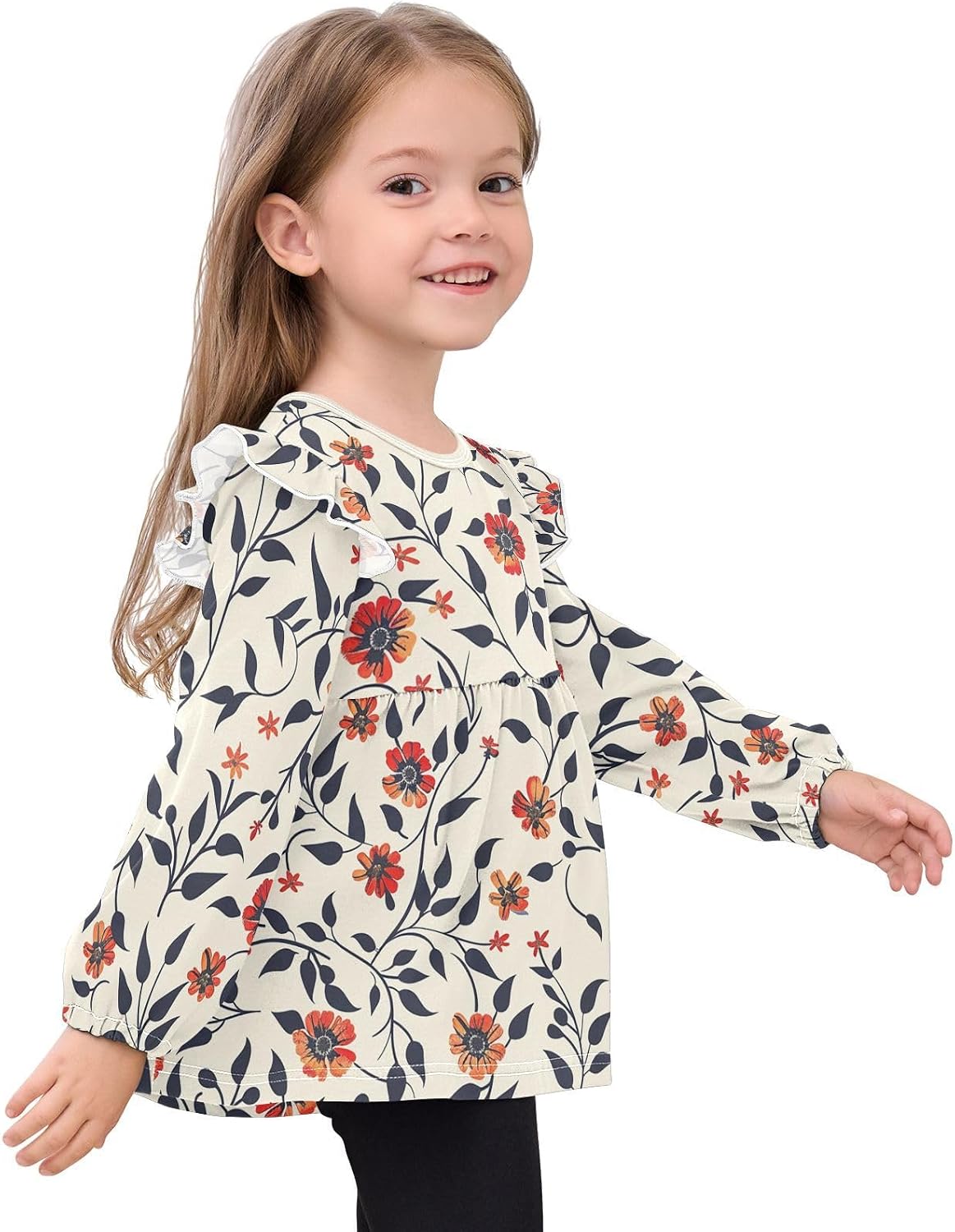 visesunny Toddler Clothes for Girls Wildflower Leaf Pattern Long Sleeve Fall Shirts Cotton Top with Ruffle Collar