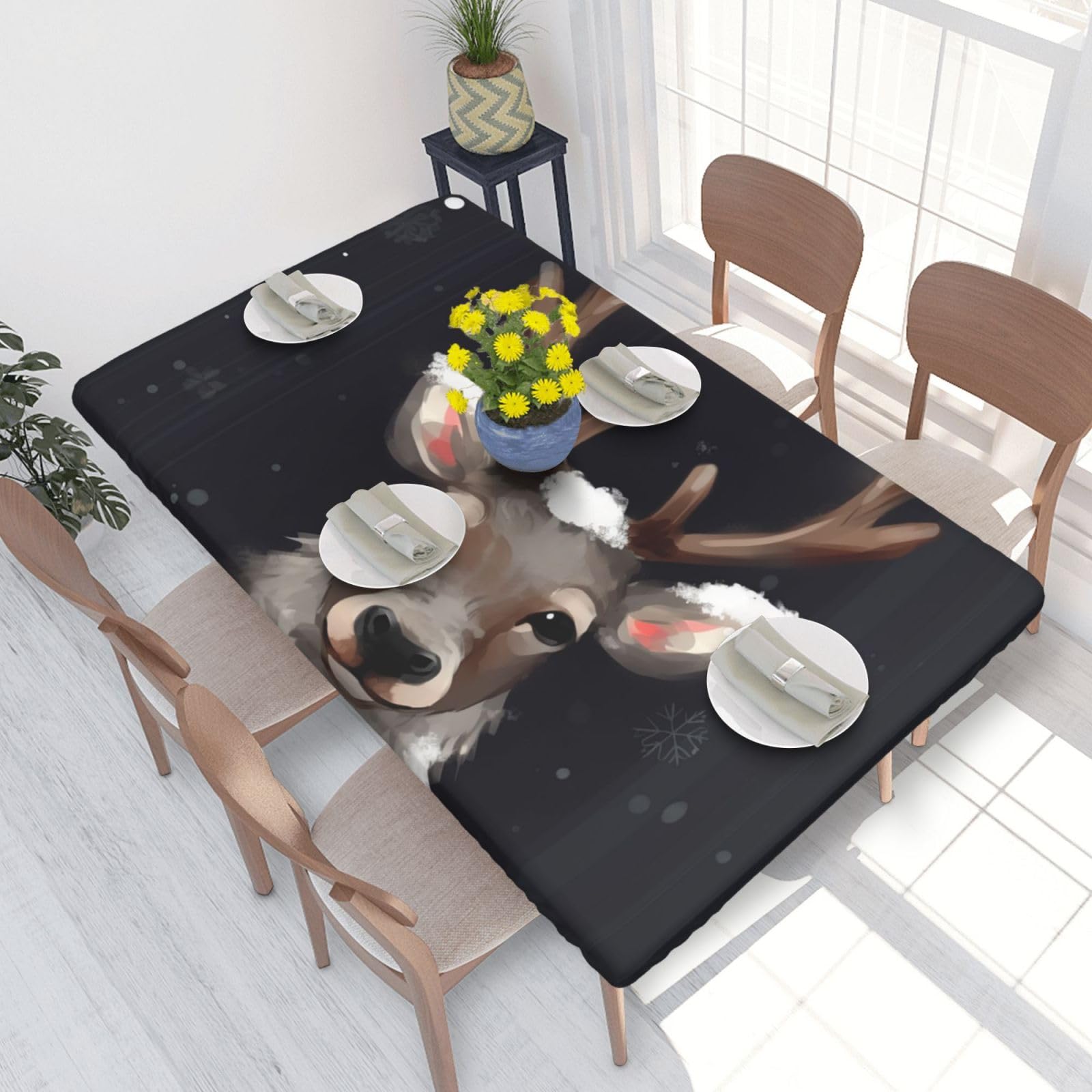 Reindeer Waterproof Square Table Cover Elastic Fitted Tablecloth Oil Proof Table Protector For 4ft Table