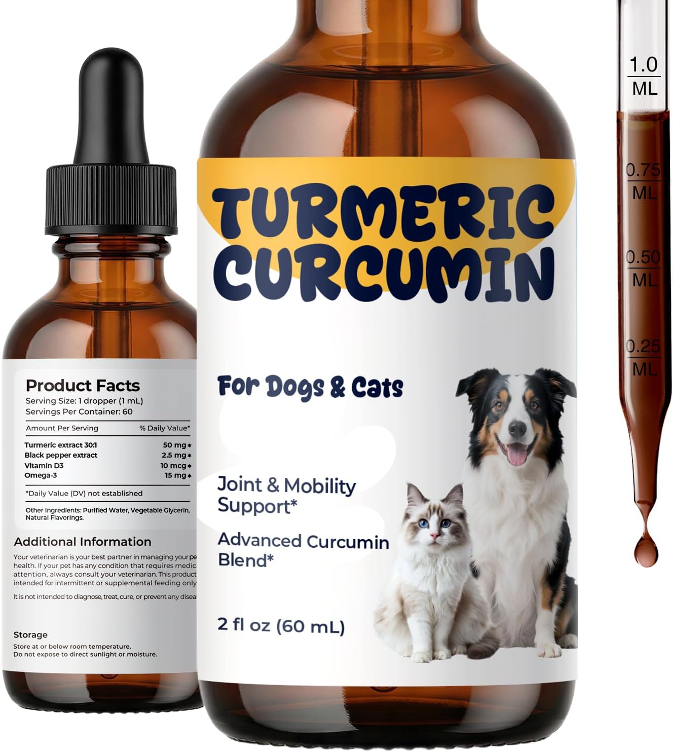 Turmeric Curcumin Liquid for Dogs & Cats, Joint & Mobility Formula | With Black Pepper, Omega-3 & Vitamin D3 to Support Flexible Movement, Comfortable Activity & Senior Mobility, 2 fl oz