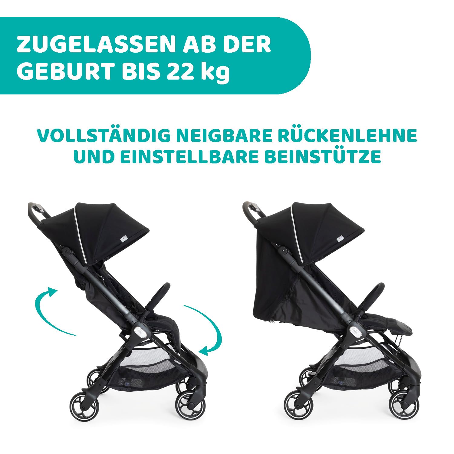 Chicco We Kinderwagen, faltbar, ultraleicht, ab Geburt bis 22 kg, Reise-Kinderwagen, ultra-kompakter, neigbar, EinHand-Verschluss, gepolsterte Schultergurte, Tasche und Regenschutz, Schwarz
