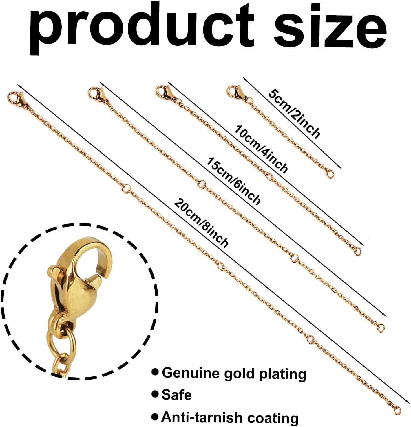 4pcs Necklace Extender, 2, 4, 6, 8 Inch/5,10, 15, 20cm Necklace Clasp Extension Chain Extenders for Necklaces Bracelets Jewelry Making Women Men (Gold) - Image 2