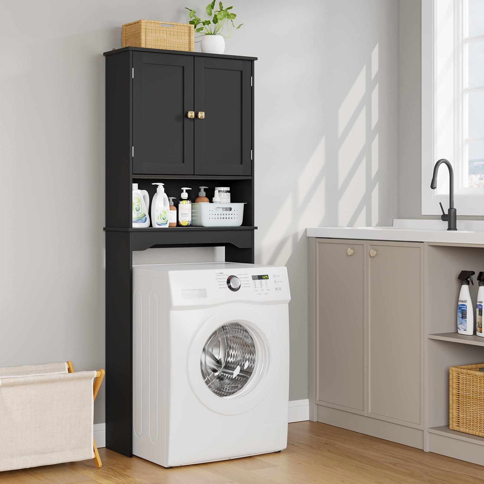 RRX WC-Aufbewahrungsschrank, Badezimmer-Organizer, 63 x 23 x 160 cm (L x B x H), freistehender Toilettenständer mit verstellbarem Regal und offenem Stauraum, Doppeltüren (Schwarz)