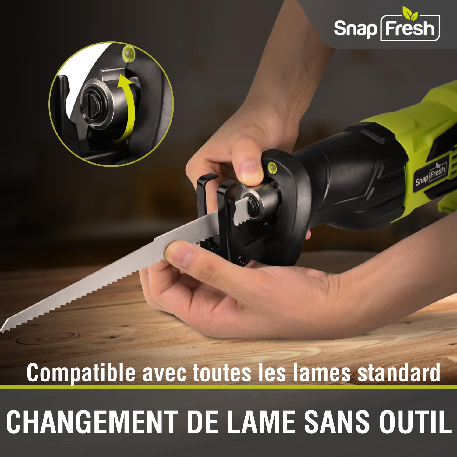 SnapFresh Scie Sabre Sans Fil 20V – Légère 1,55kg – 3000 SPM, Course 25 mm, Changement de Lame Sans Outil – Idéale pour la Rénovation, Démolition & Bricolage – Coupe Bois, Métal & PVC – Batterie 2,0Ah