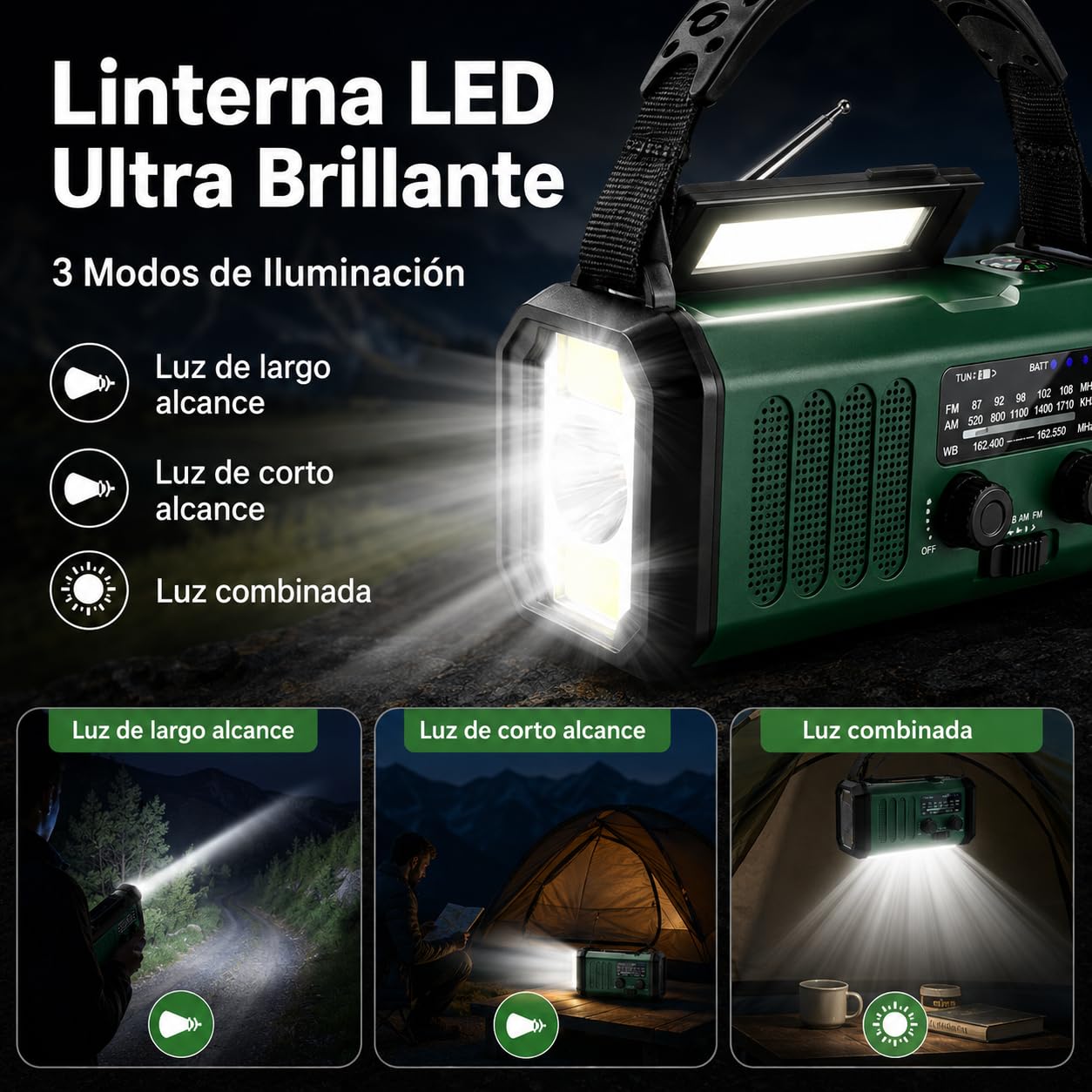 Winnes 20000 mAh Radio de Emergencia Portátil,Radio FM/Am con lámpara de Lectura, Alarma SOS, brújula,generador de manivela y Carga Solar, para Exteriores Carga de Emergencia para Smartphones (Verde)