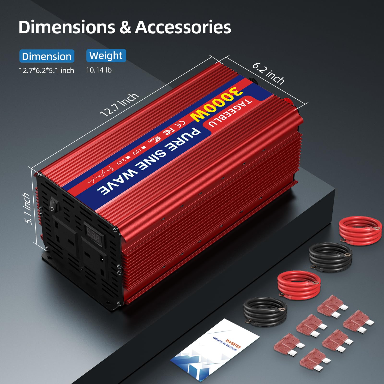 Pure Sine Wave Power Inverter 3000w DC 24V to AC 240V Voltage Converter with 2 AC Outlets,Digital display screen,for Motorhomes,Trucks,Boats,Camping,6000W Peak Power - 5