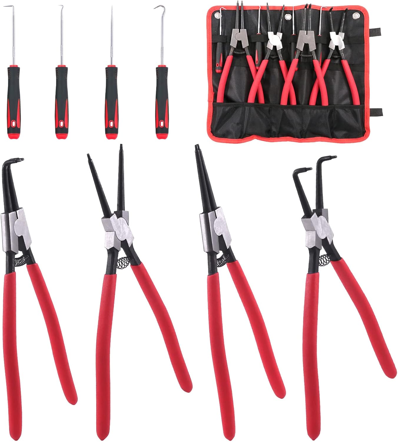 8Pcs 9 Inch Snap Ring Pliers Heavy Duty Hook Tool Set Internal External Circlip Pliers Tool Kit Straight Bent Jaw Pliers for Automotive Ring Removal Retaining