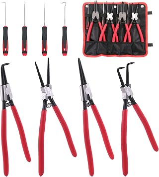 8 Piece 33 cm Snap Ring Pliers Heavy Duty Hook Tool Set Internal Outer Rings Circlip Pliers Tool Kit Straight Curved Jaw Pliers for Automotive Ring Removal Hold