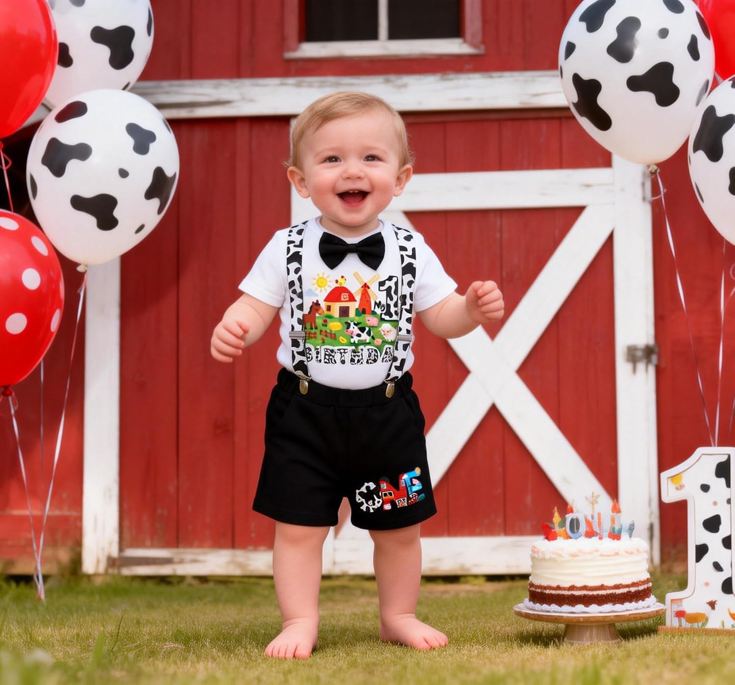 Baby Boy Farm Animals 1st Birthday Outfit Cowboy First Birthday Outfit Short Sleeve Bow Tie Onesie + Suspender Shorts